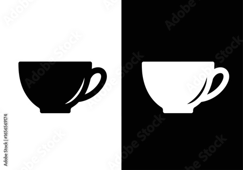 Contrast and Harmony: A minimalistic composition of two coffee cups, one a striking silhouette against a contrasting backdrop, reflecting duality and balance. 