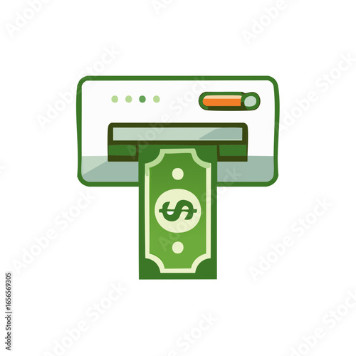 Automated teller machine dispensing a crisp green dollar bill illustrating finance technology and banking services.