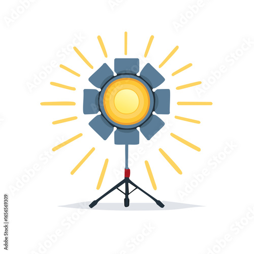 Stage spotlight beaming with bright light illuminating stage, lighting equipment on adjustable stand, entertainment industry icon