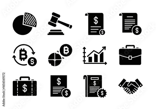 Financial & Legal Iconography: A curated collection of illustrative financial and legal icons, ideal for conceptual presentations and financial analyses. Showcasing elements that represent banking.