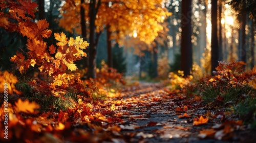 Autumn Forest Path with Golden Leaves and Sunlight, Fall Season Scenery