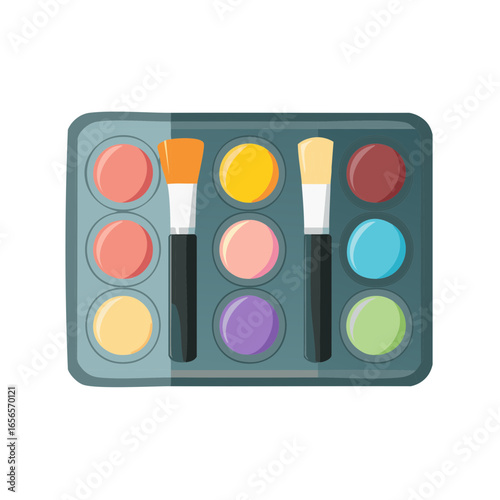 Cosmetic palette with multiple shades and two makeup brushes for beauty applications, vibrant color scheme for artistic presentations