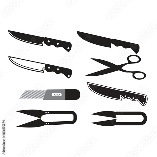 An isolated vector set of kitchen knives with black handles and sharp metal blades