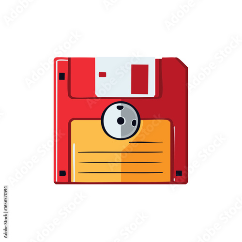 Retro styled floppy disk illustration featuring a red, orange and white color scheme