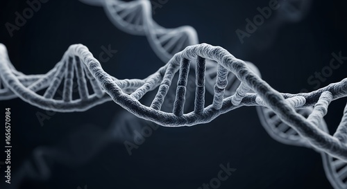 Detailed DNA structure with fibrous spiral form represents molecular science, genome sequencing, and the exploration of genetic information.