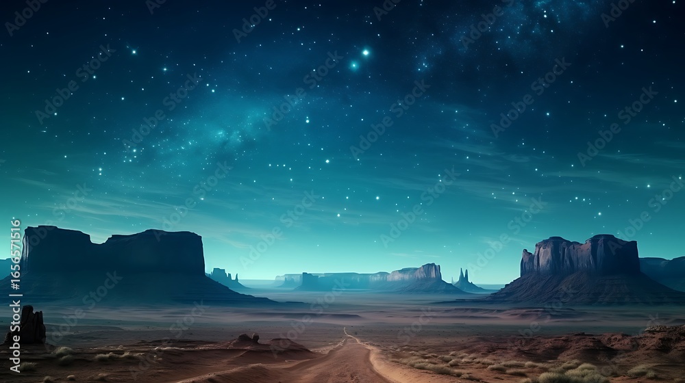 Fototapeta premium A peaceful, warm-toned nightscape with a faint golden haze near the horizon, Monument Valley lit delicately under the vast sky scattered with cold, bluish stars