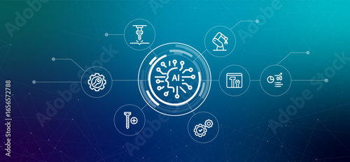 AI in industrial automation and manufacturing machine engineering robotic arm smart factories with artificial intelligence icon outline