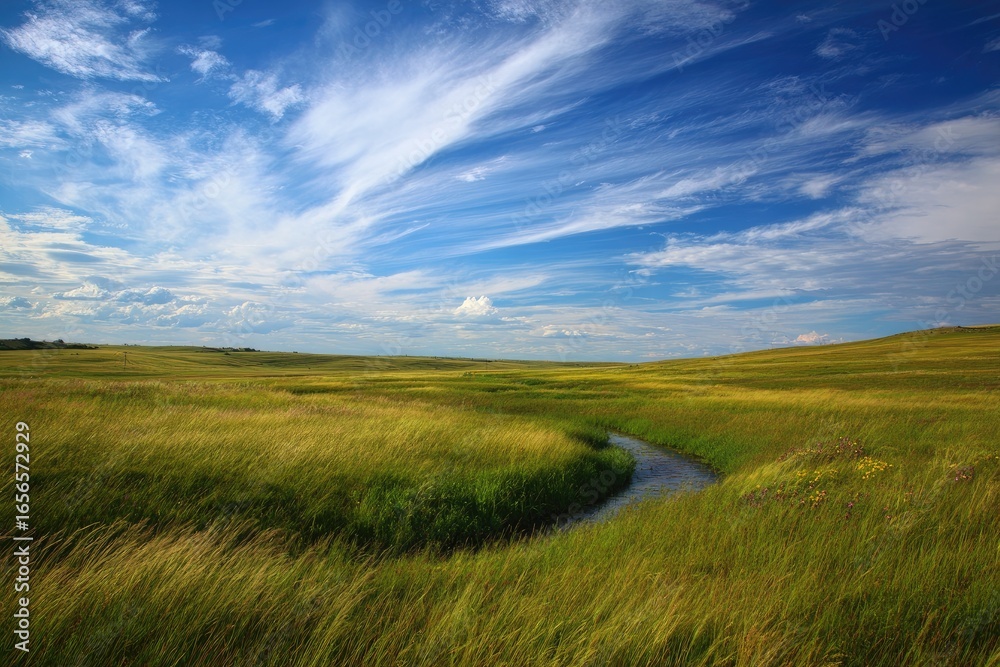 Obraz premium Vast grassland, flowing stream, summer sky
