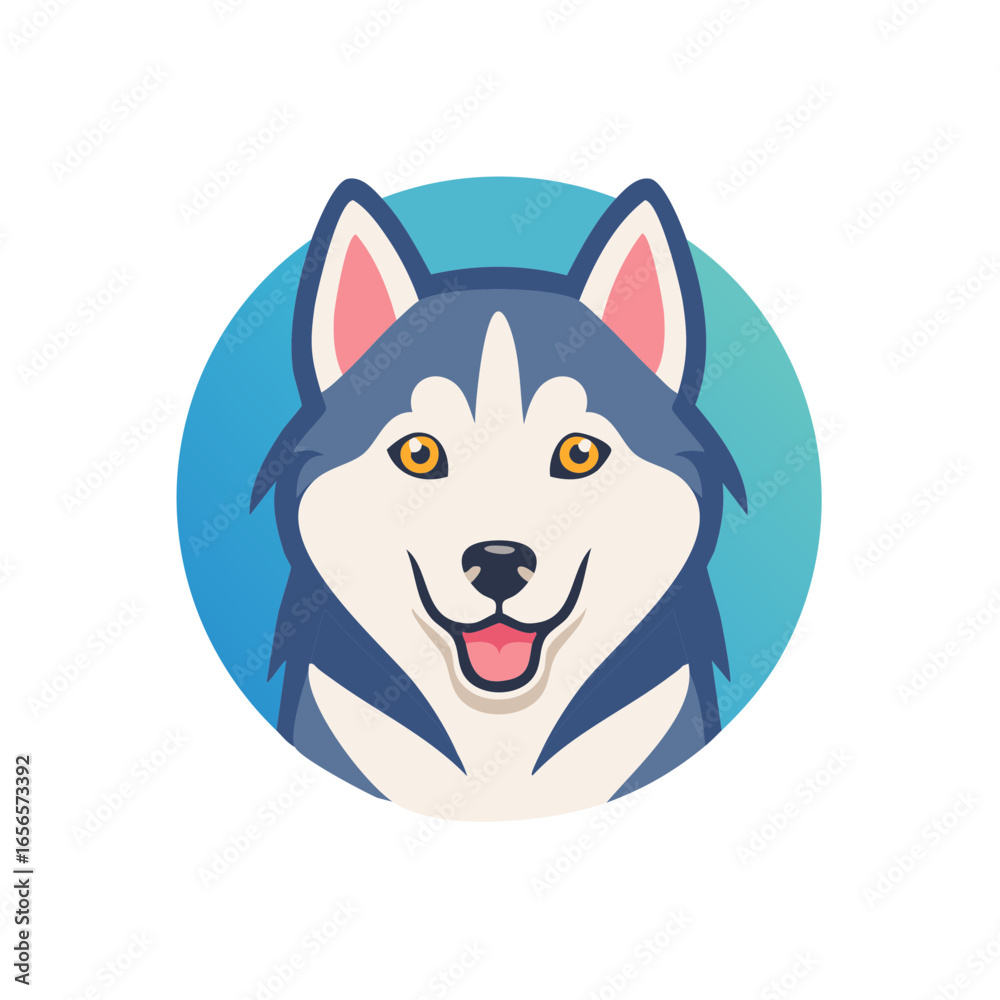 Naklejka premium Happy Husky Dog Cartoon Portrait in a Circle Design Element, Isolated