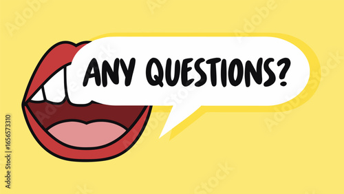 Open mouth saying  Any Questions on yellow background vector. question, answer, asking, assistance, expertise, investigation, mouth, problem, solution, support, open, professional, query, 