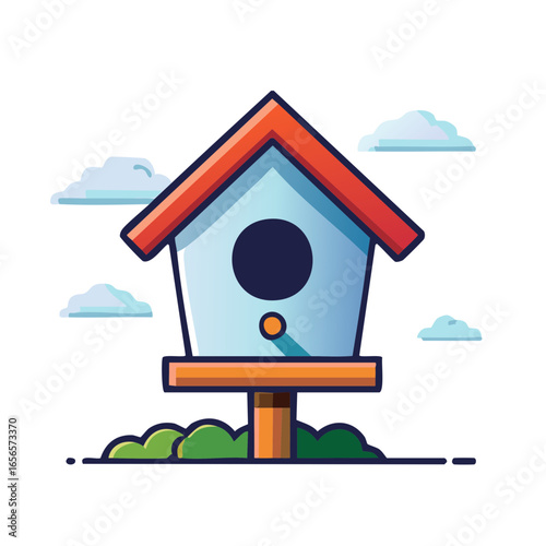 A cute light blue birdhouse stands surrounded by greenery with a red roof and clouds in the sky