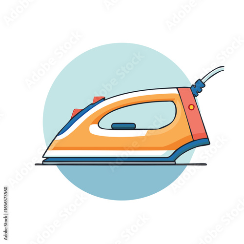 Stylized Orange Clothes Iron with Blue Circle, Clean Laundry Icon