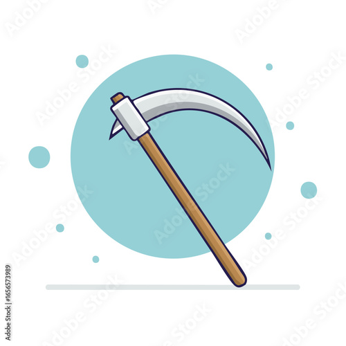 Vector illustration of silver scythe with wooden handle on a blue circle