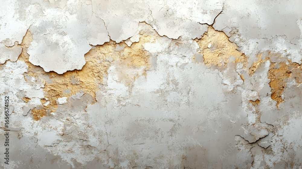 Obraz premium Weathered wall surface with peeling paint and exposed plaster showing natural aging process, creating abstract textural pattern in white and golden tones.