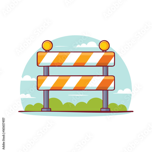 Road Barrier with Warning Lights in Cartoon Style Construction Zone Hazard Safety
