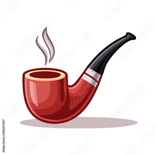 Smoking pipe illustration, red wooden pipe with smoke, tobacco paraphernalia design