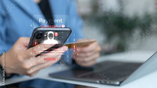 Fotografie Close-up of a smartphone showing a hacker warning and a payment successful alert, symbolizing online scam, payment fraud, cybercrime, and financial security risk