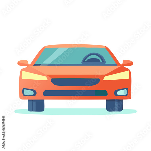 Orange car front view isolated, bright colorful auto for transport industry