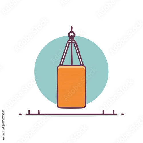 Hanging orange punching bag with lines against blue circular background, stylized workout equipment and fitness accessories concept