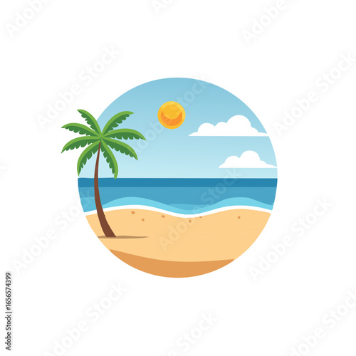 Tropical beach with palm tree, sun and calm ocean waves in a circle flat design illustration, summer scene