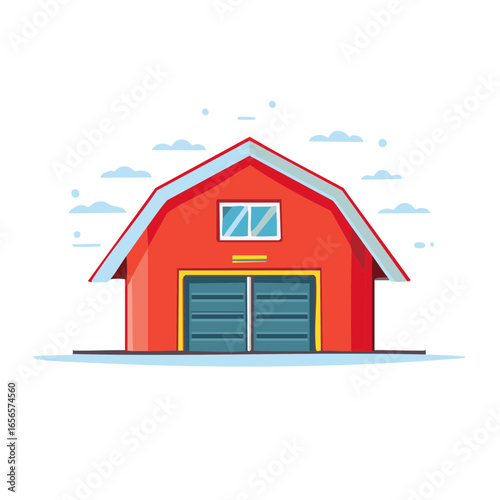 Cartoon Illustration of a Red Barn with Blue Doors and Window  Agriculture Building
