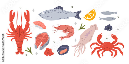 Fresh raw fish and seafood set. Shrimp, crab, squid, salmon and over fish products. Grocery market concept. Vector illustration.