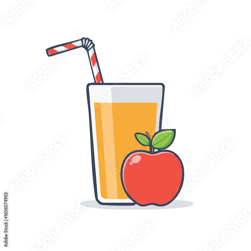 Cartoon apple juice in a glass with a straw and a red apple fruit