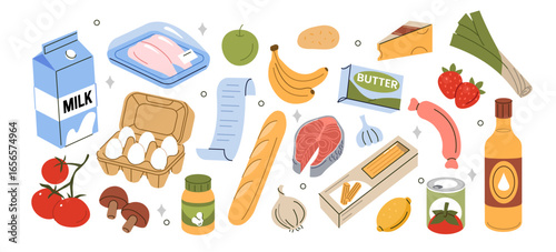 Grocery products in supermarket packages. Fruits and vegetables, eggs, meat, fish, baguette, pasta and other groceries, goods, processed and fresh food. Healthy eating concept. Vector illustration.
