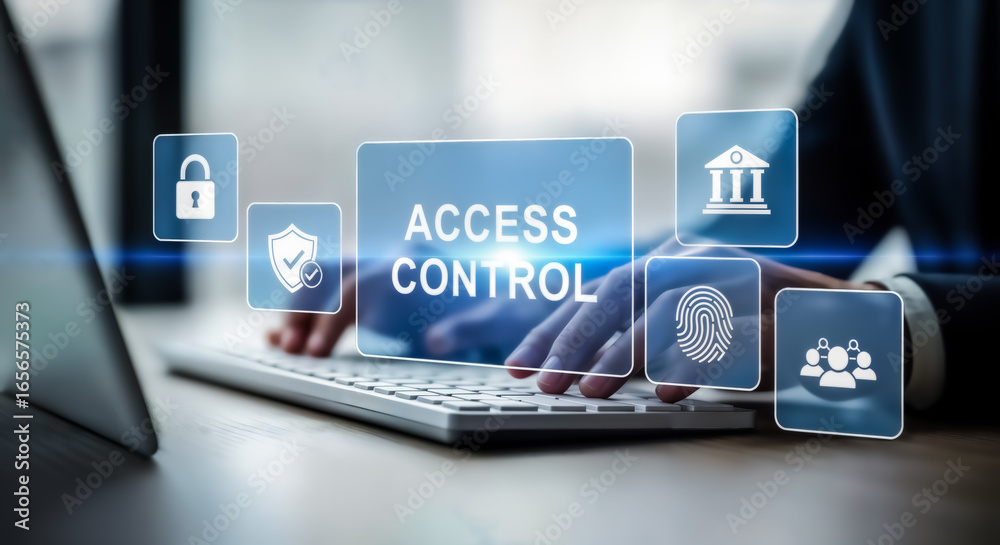 Fototapeta premium Access control system with digital icons representing security, identity, and user management, highlighting data protection and cybersecurity in a modern business context