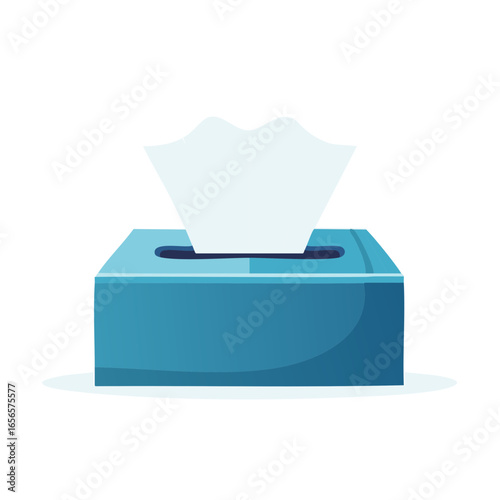 Illustration of a blue tissue box with a white tissue sticking out, flat design style icon, tissue paper vector