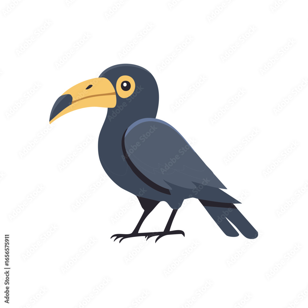 Obraz premium Illustrated bird standing with yellow beak, crow-like bird, vector art graphic of a raven or rook illustration