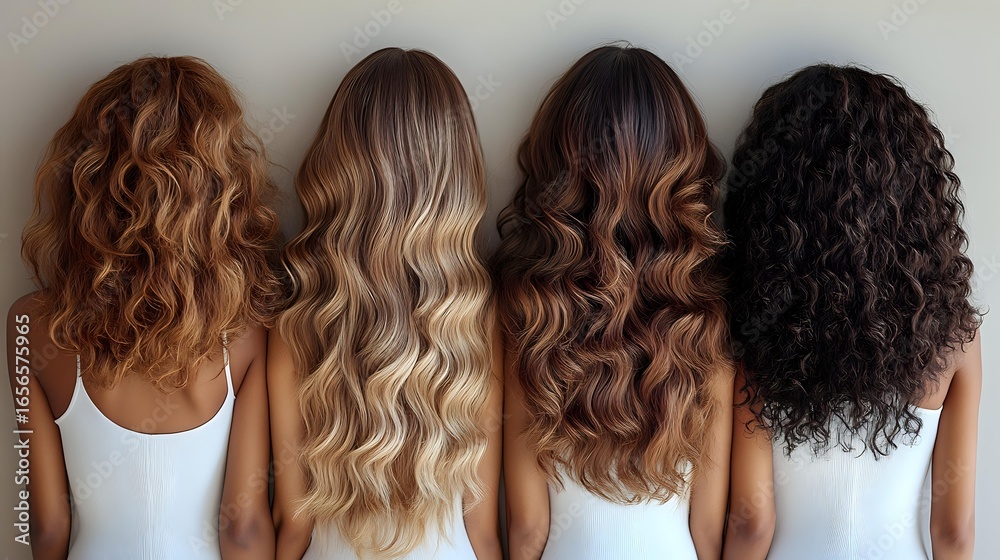 © Undersea - Women with different hair types and textures standing in row showing diverse natural curls, waves and colors from blonde to dark brown, wearing white tops, back view.