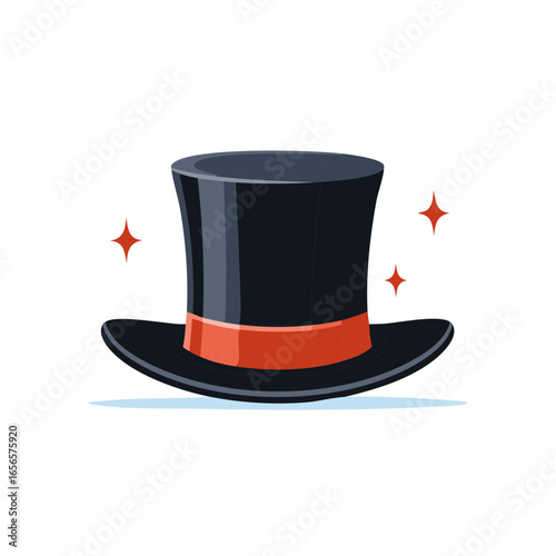 A Stylish Black Top Hat with Red Ribbon and Glittering Star Accents