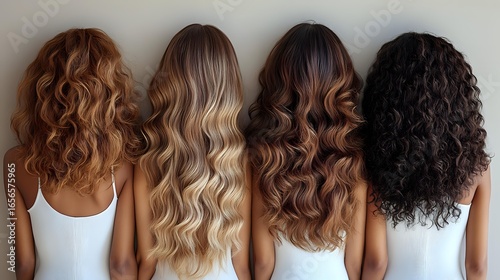 Women with different hair types and textures standing in row showing diverse natural curls, waves and colors from blonde to dark brown, wearing white tops, back view.