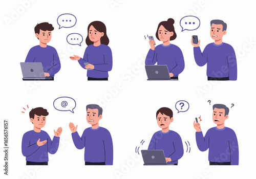 People Experiencing Digital Frustration and Communication Problems with Laptops and Smartphones