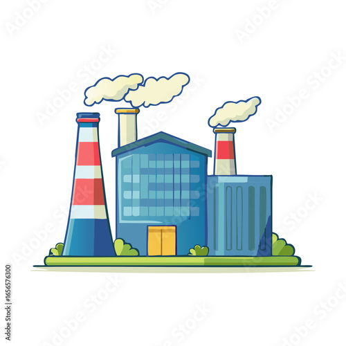 Factory Building with Chimneys Emitting Smoke, Illustration, Environmental Concept