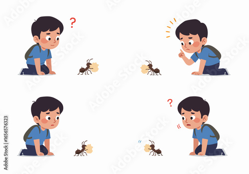 A young boy observes an ant's behavior, showcasing curiosity, learning, and wonder about the natural world.