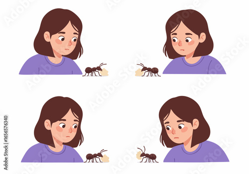 A curious girl observes a diligent ant carrying a large piece of food, illustrating persistence and focus.