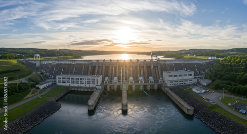 Aerial view of a large hydroelectric dam at sunset, with water flowing through the gates and a reservoir behind it.
