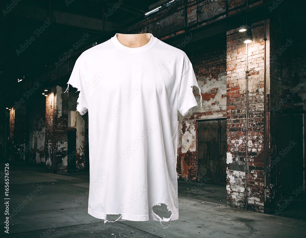 Fototapeta premium White distressed t-shirt on mannequin in industrial setting