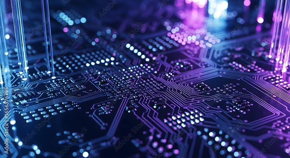 Fototapeta premium Intricate electronic circuit board illuminated by vibrant blue and purple neon lights
