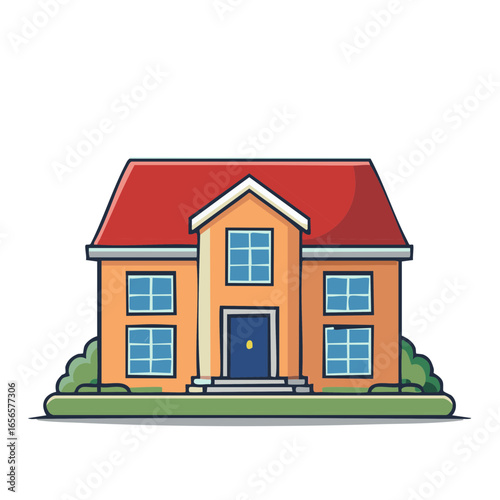 Two-story House with Red Roof, Blue Door, and Green Bushes