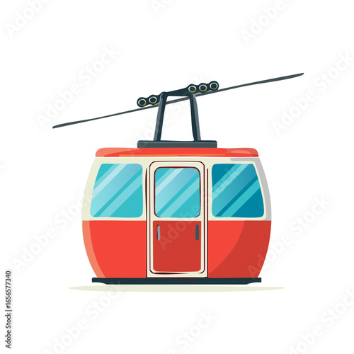Red Ski Gondola Ascending Mountain Cables with Empty Interior and Closed Doors