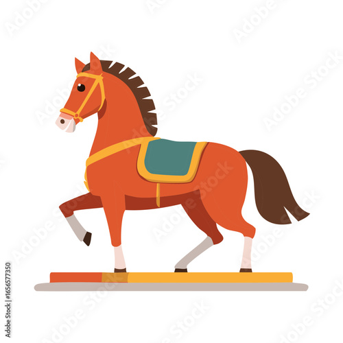 Illustration of a brown rocking horse with saddle, tail, and mane on white background