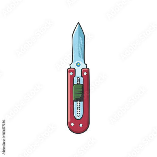 Folding Pocket Knife with Red Handle and Steel Blade in Illustration Style