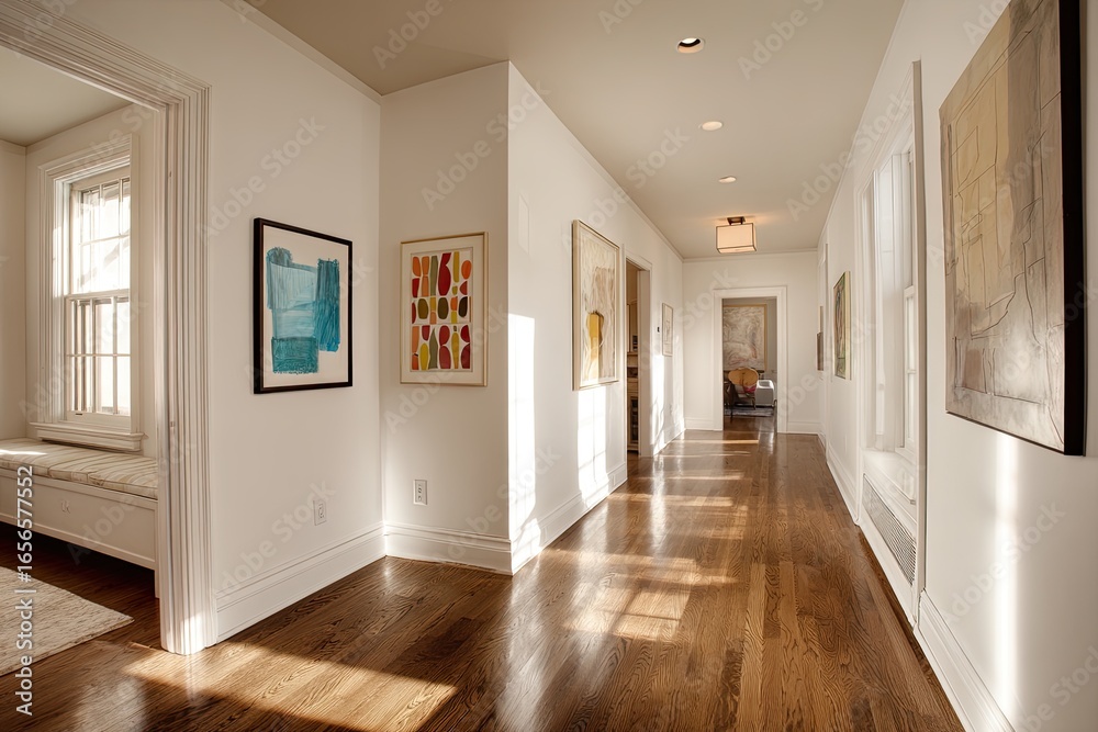 Obraz premium Sunlight-filled hallway with art