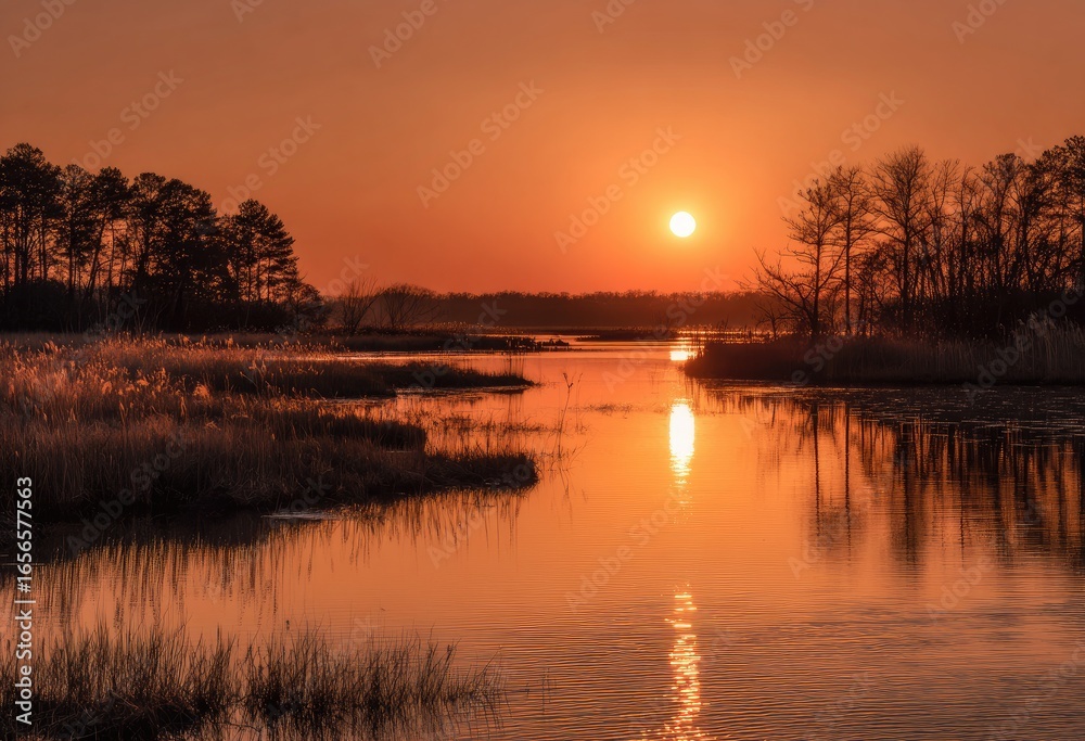 Obraz premium A tranquil sunset over a calm river