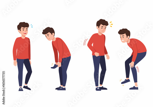 Illustrations of a Young Man Experiencing Various Body Pains and Discomforts: Headache, Backache, Ankle Injury, and Knee Pain Symptoms.