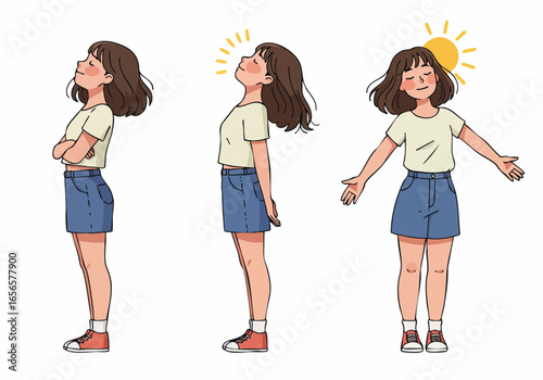 Peaceful young woman basking in sunshine, feeling relaxed and happy with eyes closed and open arms, embracing the moment.