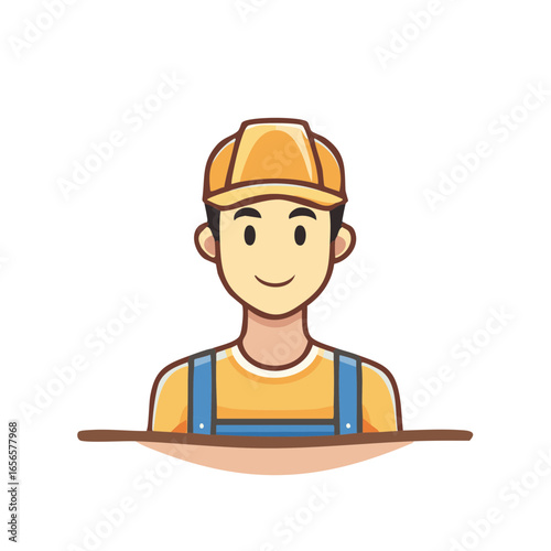 Construction worker in uniform, smiling character illustration with hard hat for building service and industry concept